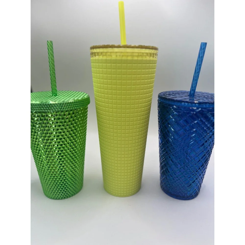 Starbucks Tumbler Set 3pc Studded Grid Diamond Green Yellow Blue 24oz 16oz Cup